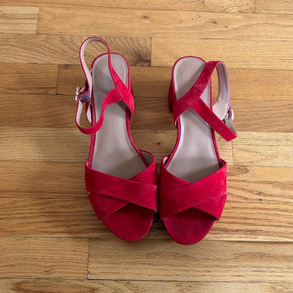Red Suede Slingback Block Heel Sandals - Aerosols